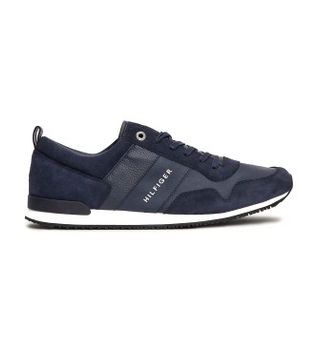 Tommy Hilfiger para hombre. FM0FM00924 Zapatillas de Piel Iconic con cordones marino (45), Negro, Plano, 1 a 3cm, Casual