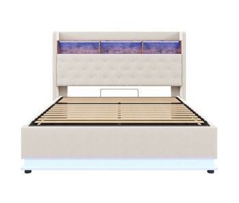 Cama de lino con canapé de 180x200 cm - con led y tomas usb - beige