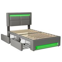 cama tapizada 90x190 cm con puerto usb admite carga inalambrica y por cable con iluminacion led y cuatro cajones pu-litschi gris