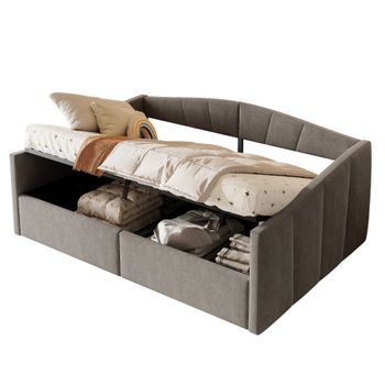 Sofá Cama 140x200 Cm, Multifuncional Con Almacenamiento Hidráulico, Latón Y Reposabrazos, Tela De Seda Suave Y Amigable Con La Piel, Estampado Clásico A Rayas, Resistente Hasta 300 Kg, Gris
