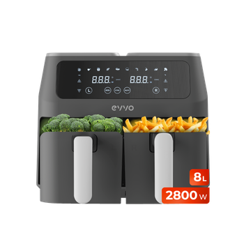EVVO Freidora de aire sin aceite de 8L, 2800W, Doble Cesta, Antiadherente, Tecnología Dual Cyclone, 10 Programas, Hornea