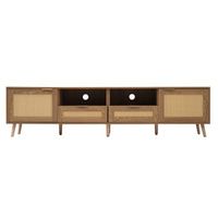 mueble tv efecto roble 200 cm con 2 puertas de ratan y 2 cajones