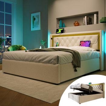 Cama Tapizada Doble 140x200 Cm Algodón Led Almacenamiento Cajón Usb Tipo C Cabecero Somier Láminas