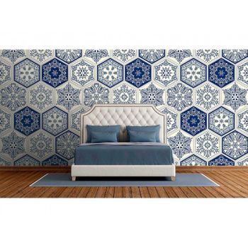 Fotomural Vinilo Zen Mosaico Azul Y Blanco 350 X 250 Cm