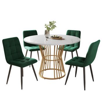 Conjunto De Comedor, Juego De Comedor De 5 Piezas, Diseño Estable, Mesa De Comedor Redonda 100 Cm De Mdf, Sillas De Comedor De Terciopelo Verde Y Metal Dorado