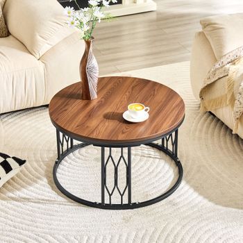 Mesa De Centro Redonda - Mueble De Salón Moderno - Mdf Y Metal - Nogal (70x70x40.5cm)