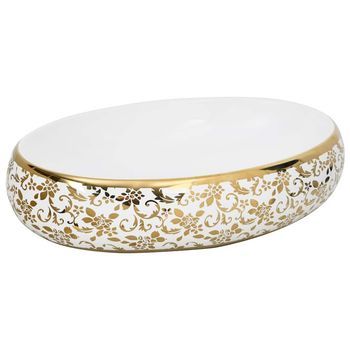 Lavabo Sobre Encimera Ovalado Cerámica Blanco Dorado 59x40x15cm Vidaxl