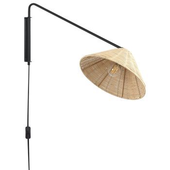 Lámpara De Pared De Ratán Negro Natural Aplique Pantalla Cónica Dormitorio Palena