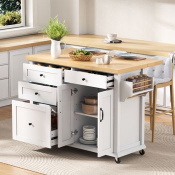 Isla De Cocina Con Ruedas, Mesa Extensible De 107 Cm Y Almacenaje Multifunción