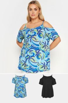 Yours Juego 2 Tops Hombros Descubiertos: Negro Y Estampado, Mujer Curvy Y Tallas Grandes, Yours
