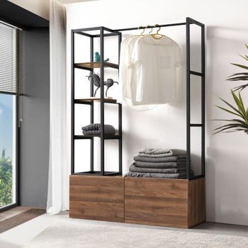 Mueble De Entrada Egmating Con Percherro Burro Y 2 Cajones 180x120x40 Cm - Negro Y Efecto Nogal [en.casa]