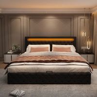 cama de 140 x 200 cm funcional con almacenamiento hidraulico led integrado con mando a distancia material de poliuretano color negro