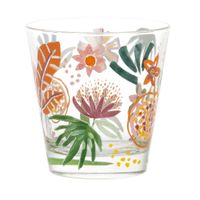 vaso de vidrio con hojas y flores multicolor