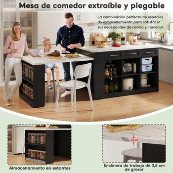 Isla De Cocina Con Mesa Extensible, Encimera Blanca Efecto Mármol, 150 X 90 X 90 Cm