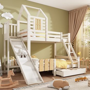 Literas 140x200 Cm + 90x200 Cm Con Tobogán, Escalera Y 1 Cajón - Madera Maciza + Mdf - Para Niños - Blanco (sin Colchón)