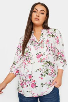 Yours Blusa Blanca De Flores Rosadas Con Jaretas, Mujer Curvy Y Tallas Grandes, Yours