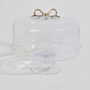 Campana para tarta de vidrio transparente con lazo dorado