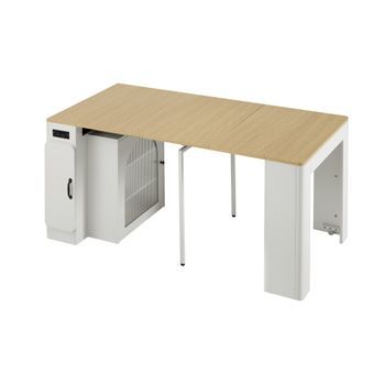 Isla De Cocina Extensible Multifunción Mdf 83×39,6×77 Cm,  Con Ruedas, Luces Led, Enchufes Usb Y Compartimentos, Color Natural Y Blanco