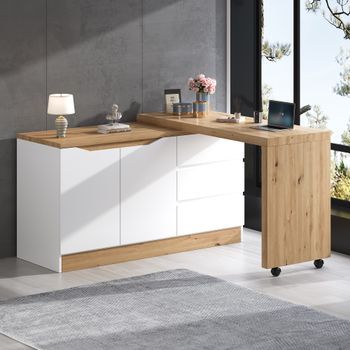 Escritorio Plegable Con Ruedas Y Almacenaje, 120 X 50 X 78 Cm, Blanco Y Roble