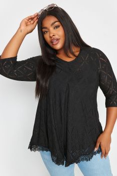 Yours Top Negro Con Vuelo De Bordados Con Calados, Mujer Curvy Y Tallas Grandes, Yours