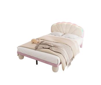 Cama infantil,cama doble de terciopelo 140x200cm con cabecero festoneado y patas redondas tapizadas,rosa