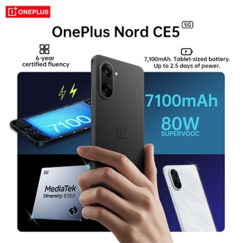 Smartphone OnePlus Nord CE 5 5G (versión internacional) 8 GB + 256 GB, batería de 7100 mAh, cargador de 80 W, cámara de 50 MP con estabilización electrónica (EIS) y óptica (OIS), Android 15, Wi-Fi 6