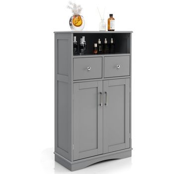 Armario De Baño De Suelo Gabinete De Madera Con 2 Puertas Costway 60 X 30 X 108 Cm Gris