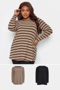 Yours Juego 2 Tops Con Vuelo Y Manga Larga: Negro Y Marrón De Rayas, Mujer Curvy Y Tallas Grandes, Yours