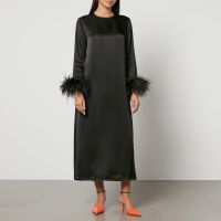 sleeper suzi feather-trimmed satin maxi dress - s