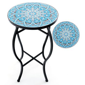 Costway Mesa Auxiliar de Exterior Mosaico con Tablero de Cerámica Resistente Soporte para Plantas Pequeña Mesa Redonda para Balcón y Jardín Azul