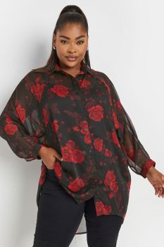 Yours Camisa Extralarga Negra De Rosas Rojas, Mujer Curvy Y Tallas Grandes, Yours