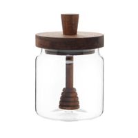 tarro de vidrio para la miel con tapa y cuchara de madera de acacia
