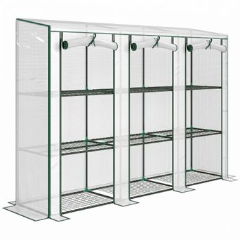 Outsunny Invernadero de Exterior de 3 Niveles con Puerta Enrollable con Cremallera 9 Estantes Cubierta de PE 215x46x151cm Blanco