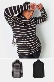 Yours Juego 2 Tops De Cuello Alto Negros: Liso Y De Rayas, Mujer Curvy Y Tallas Grandes, Yours