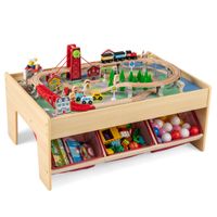 costway mesa tren madera ninos con 2 tableros reversibles 3 cajones de tela y accesorios de pista de madera solida para ninos de 3 anos rojo