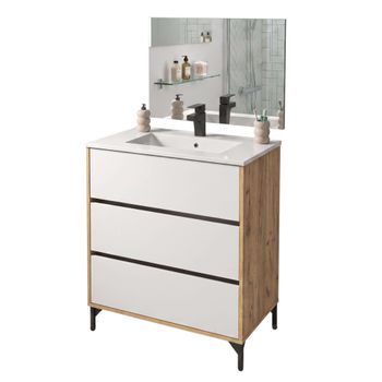 Mueble De Lavabo Elba Baño 3 Cajones En Colores Roble Kraft Y Blanco Mate 91x80,5x45,5 Cm
