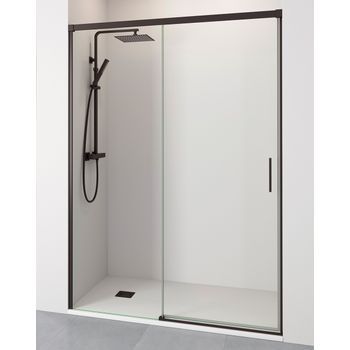 Mampara De Ducha Frontal 1 Puerta + 1 Fijo Corredera | Vidrio Templado De 6mm | Antical | 100 - 200cm | Perfilería Negra | 175 Cm (adaptable 169-174cm) - Transparente - Negro Mate