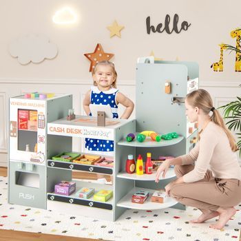 Juego De Tienda De Comestibles Para Niños Supermercado De Madera Con Máquina Expendedora Y Mostrador Gris