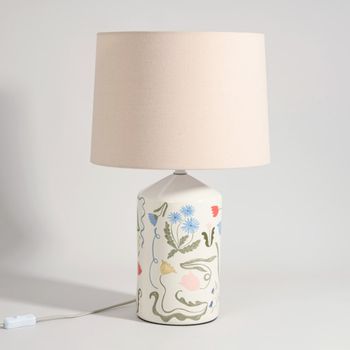 Lámpara de gres con flores y pantalla de tela