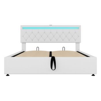 Cama Contenedor 160x200cm En Tejido De Lino Con Led Tomas Usb Y Tipo C En La Cama Con Somier Blanco