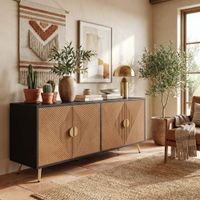 aparador efecto madera cepillada negro 4 puertas tiradores dorados
