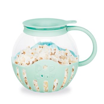 Palomitero Jocca para microondas en color turquesa. Palomitas listas en 2-3 minutos con opción de fundir mantequilla directamente. Recipiente de cristal borosilicato con tapa medidora incluida y apto