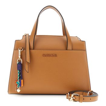 bolso bandolera efecto piel saffiano con charms multicolores tan