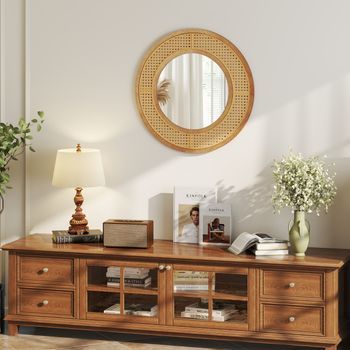 Espejo De Pared Redondo De Ratán Con Marco De Madera De 65 Cm Con Vidrio De Aluminio Espejo Decorativo Para Baño Salón Entrada Natural