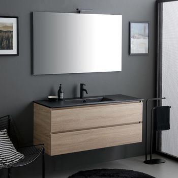 Mueble De Baño Suspendido 120cm Roble Con Lavabo Cerámica Negro Mate Y Espejo Led | Berlin