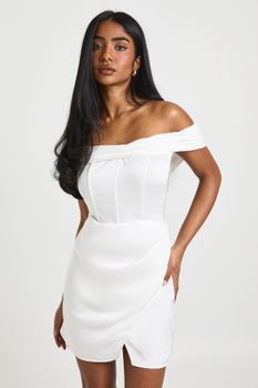 Vestido Mini De Raso Fruncido Con Escote Bardot Y Detalle Drapeado, Blanco