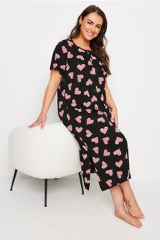 Yours Camisón Largo De Algodón Negro Con Corazones Rosas