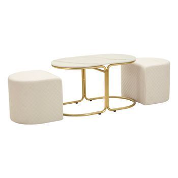 Mesa De Café Con 2 Poufs De Metal Dorado Y Ecopiel Cm 79x45x44-42x37x37