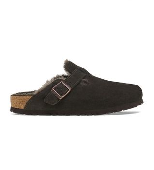 Birkenstock para mujer. 1020529 Zuecos de Piel Boston Shearling (Ajuste Estrecho) marrón (37), Plano, Ante, Hebilla, Casual