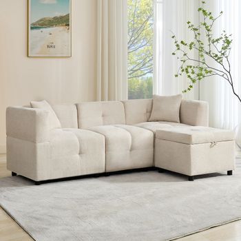 Sofá Modular En L De 3 Plazas, Chenilla Beige, Puf Con Almacenaje